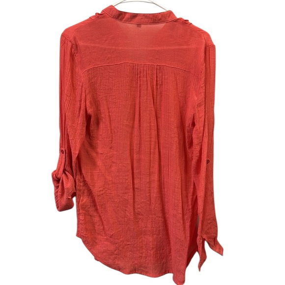 Spense Rayon Long Roll Tab Sleeve Button Up Ruffled Textured Tunic Blouse Medium - Picture 10 of 14